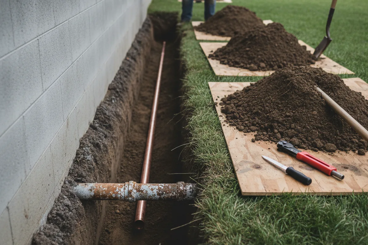 Excavated water line trench during Sewer Line Repair in North Truro